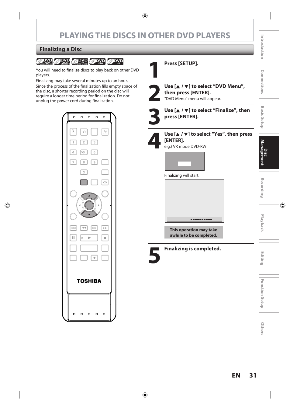 Playing the discs in other dvd players, 31 en 31 en, Finalizing a disc | Toshiba DR420KU User Manual | Page 31 / 103