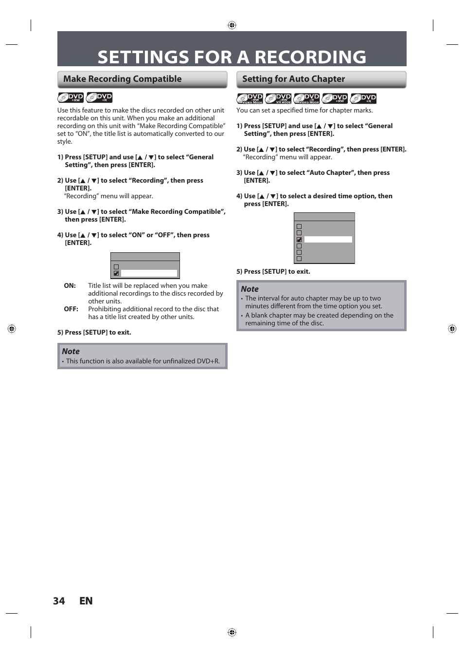 Settings for a recording, 34 en 34 en, Make recording compatible setting for auto chapter | Toshiba DR420KU User Manual | Page 34 / 103