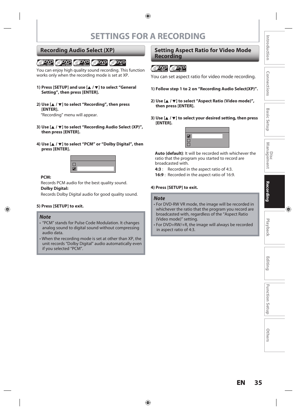 Settings for a recording, 35 en 35 en | Toshiba DR420KU User Manual | Page 35 / 103