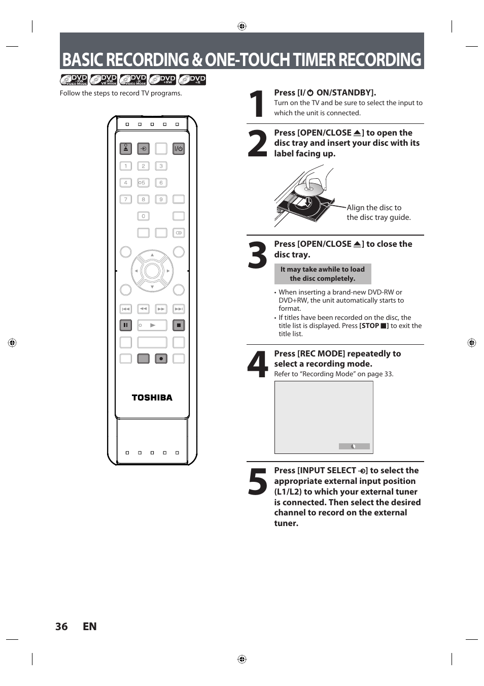 Basic recording & one-touch timer recording, 36 en 36 en | Toshiba DR420KU User Manual | Page 36 / 103