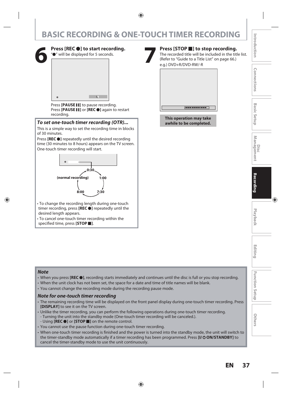 Basic recording & one-touch timer recording, 37 en 37 en | Toshiba DR420KU User Manual | Page 37 / 103
