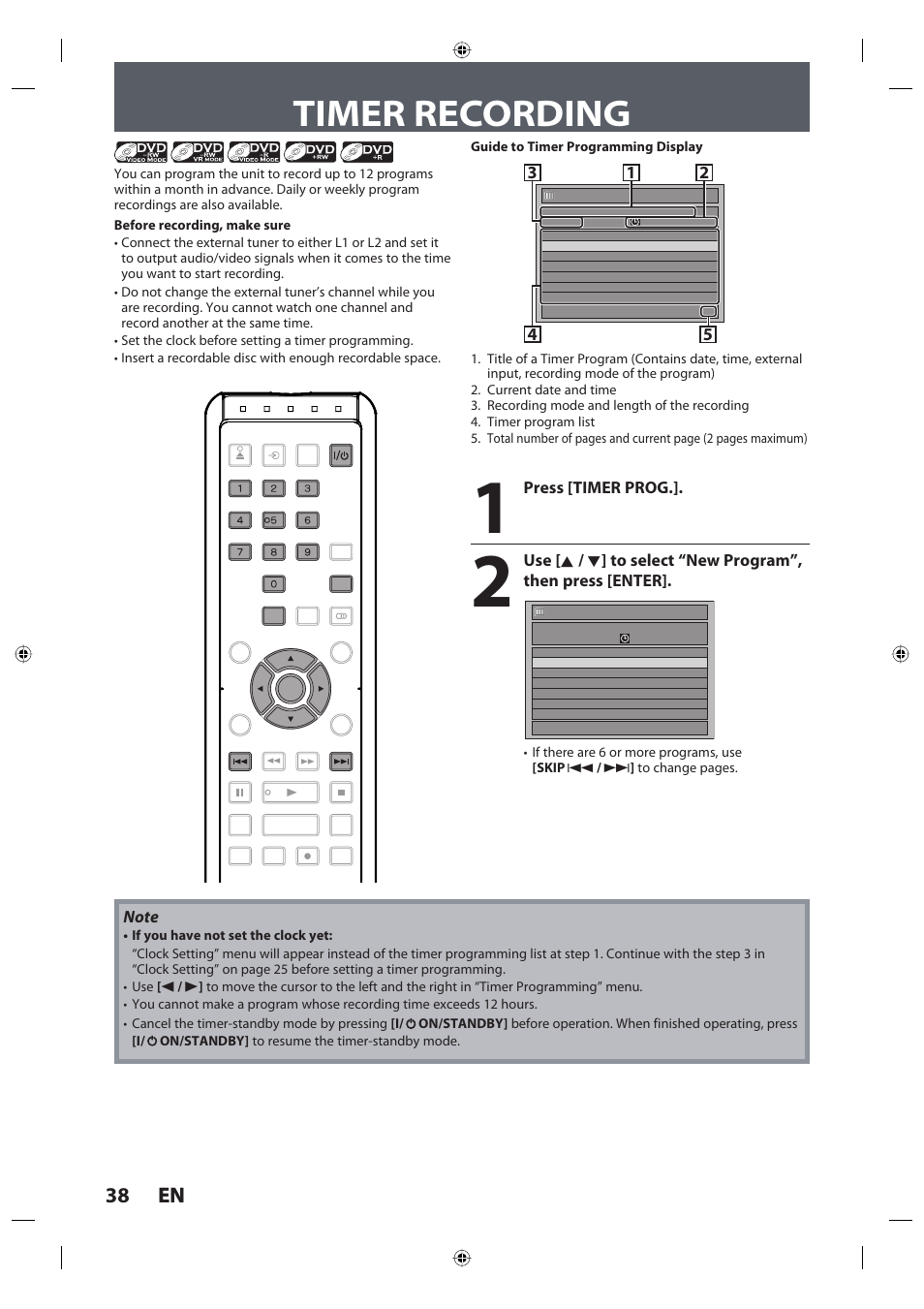 Timer recording, 38 en 38 en, Press [timer prog | Toshiba DR420KU User Manual | Page 38 / 103