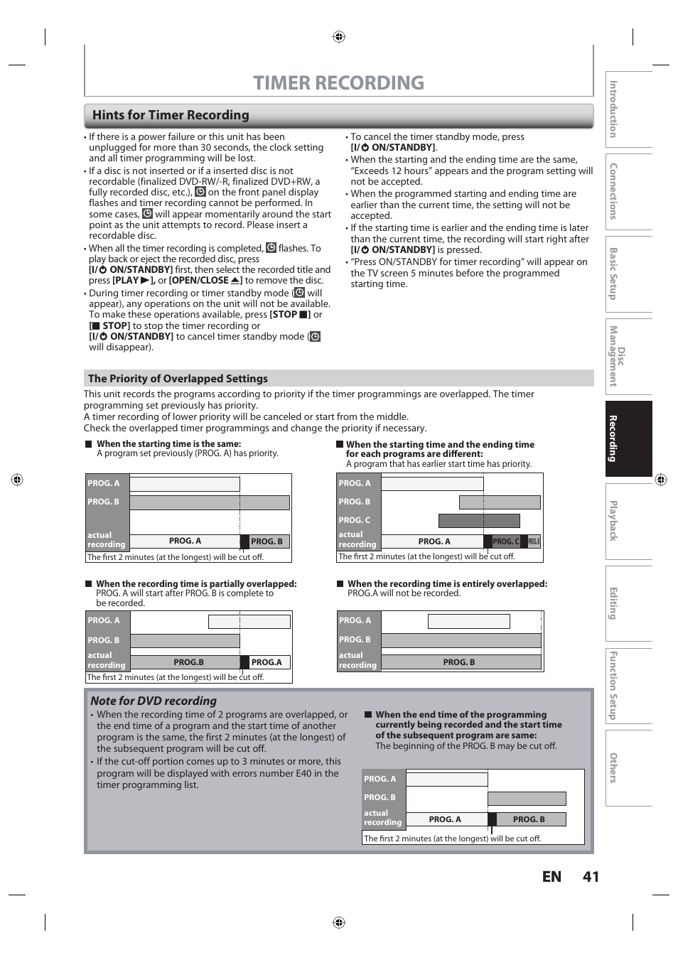 Timer recording, 41 en 41 en, Hints for timer recording | Toshiba DR420KU User Manual | Page 41 / 103