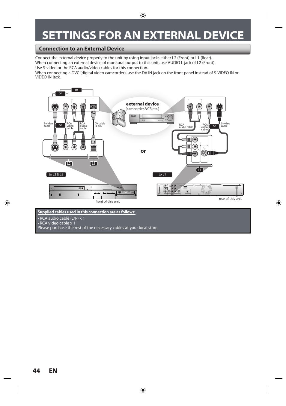 Settings for an external device, 44 en 44 en, Connection to an external device | External device, Pr/cr, Component video out, Dvd video recorder dr420, Open/close, Or l2 l3 or front of this unit rear of this unit, Camcorder, vcr etc.) to l2 & l3 to l1 | Toshiba DR420KU User Manual | Page 44 / 103