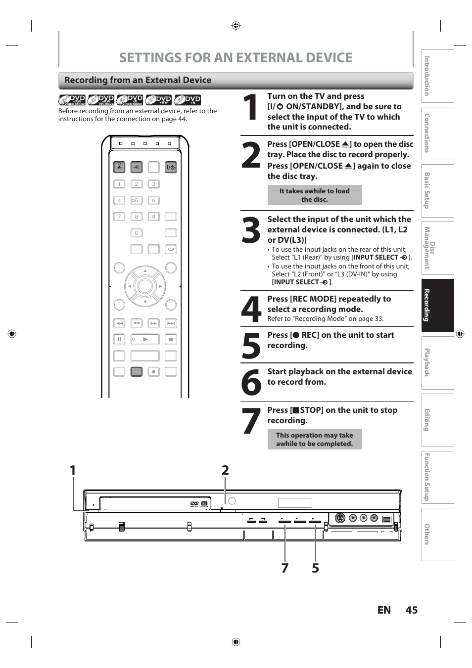 Settings for an external device, 45 en 45 en, Recording from an external device | Toshiba DR420KU User Manual | Page 45 / 103