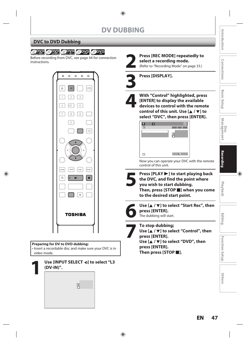 Dv dubbing, 47 en 47 en, Dvc to dvd dubbing | Toshiba DR420KU User Manual | Page 47 / 103
