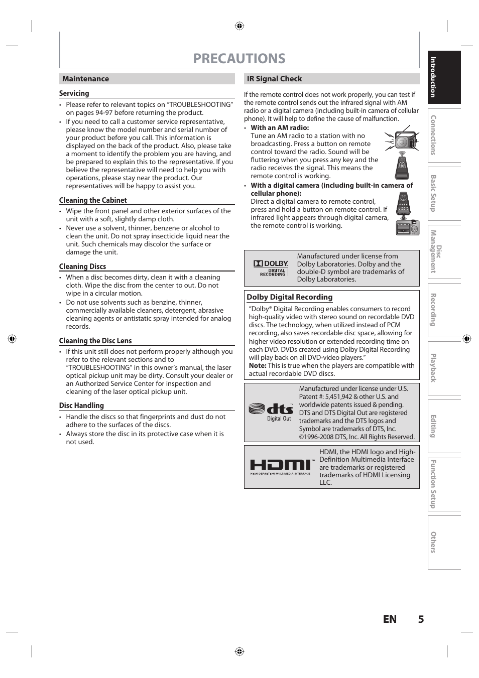 Precautions, 5en 5 en | Toshiba DR420KU User Manual | Page 5 / 103
