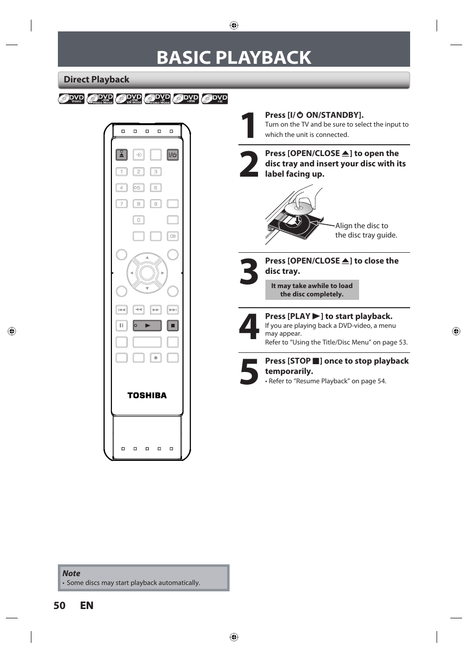 Basic playback, 50 en 50 en, Direct playback | Toshiba DR420KU User Manual | Page 50 / 103