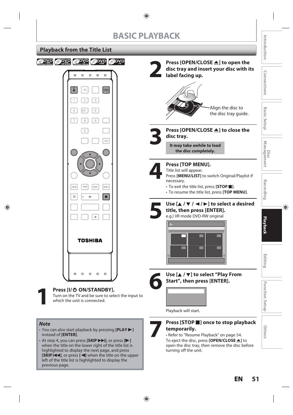 Basic playback, 51 en 51 en, Playback from the title list | Toshiba DR420KU User Manual | Page 51 / 103