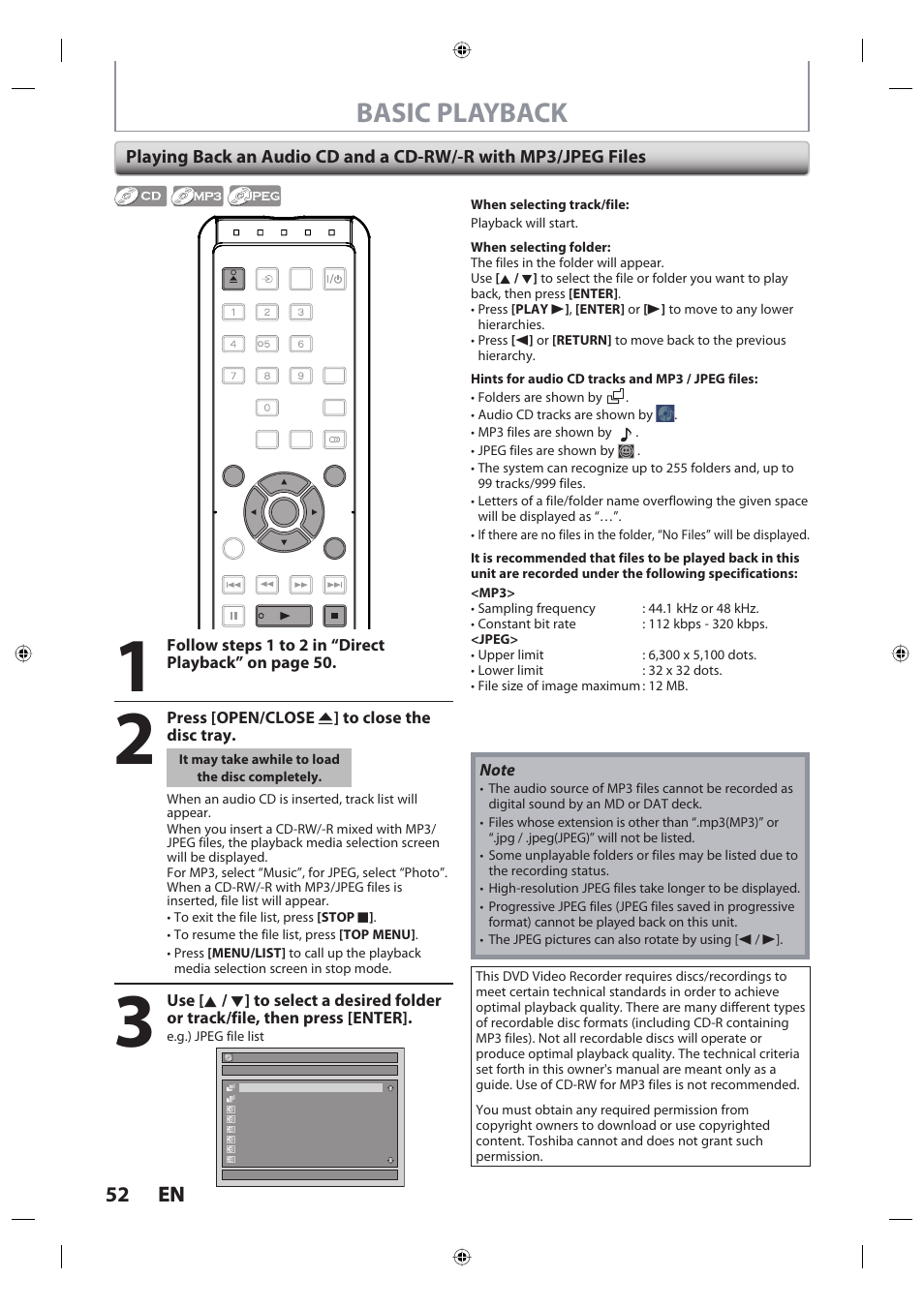 Basic playback, 52 en 52 en, Press [open/close a ] to close the disc tray | Toshiba DR420KU User Manual | Page 52 / 103