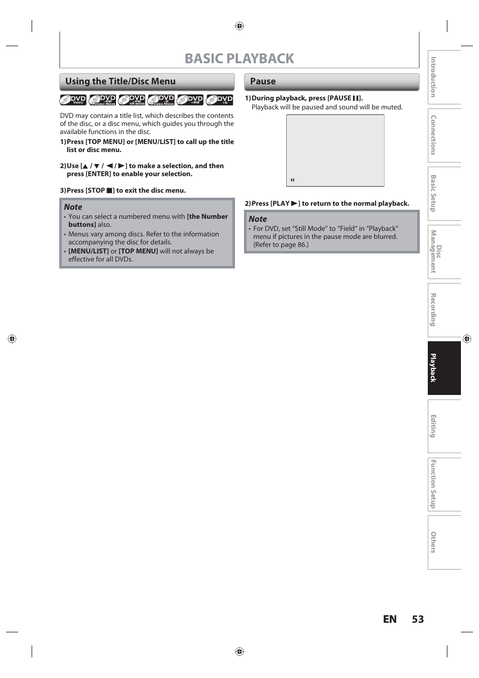 E7pcaud_dr420ku_um_en_v3, Basic playback, 53 en 53 en | Using the title/disc menu, Pause | Toshiba DR420KU User Manual | Page 53 / 103