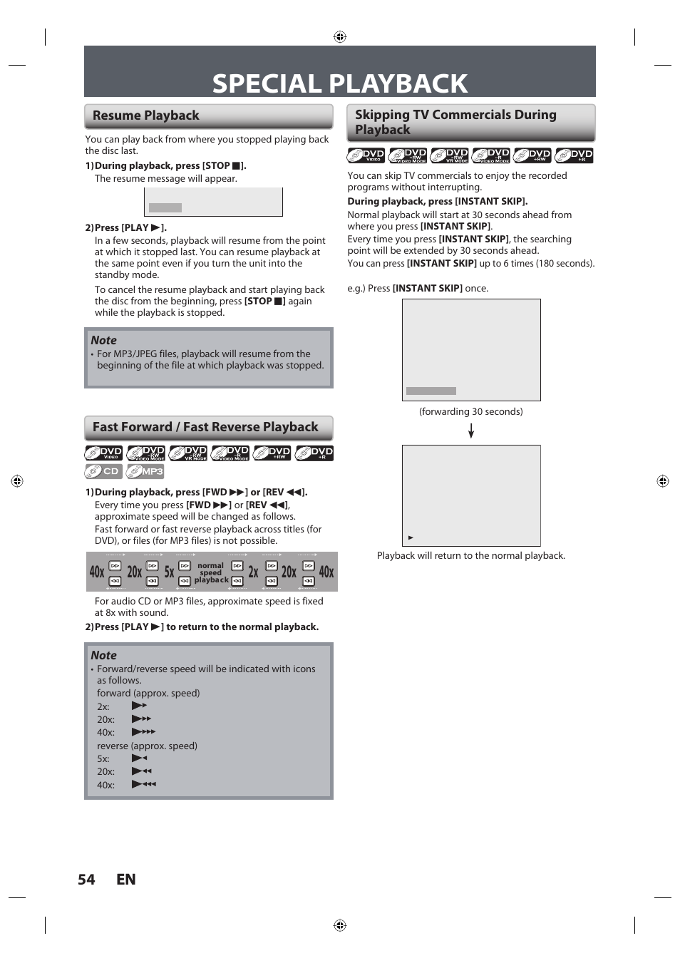 Special playback, 54 en 54 en, Resume playback | Toshiba DR420KU User Manual | Page 54 / 103