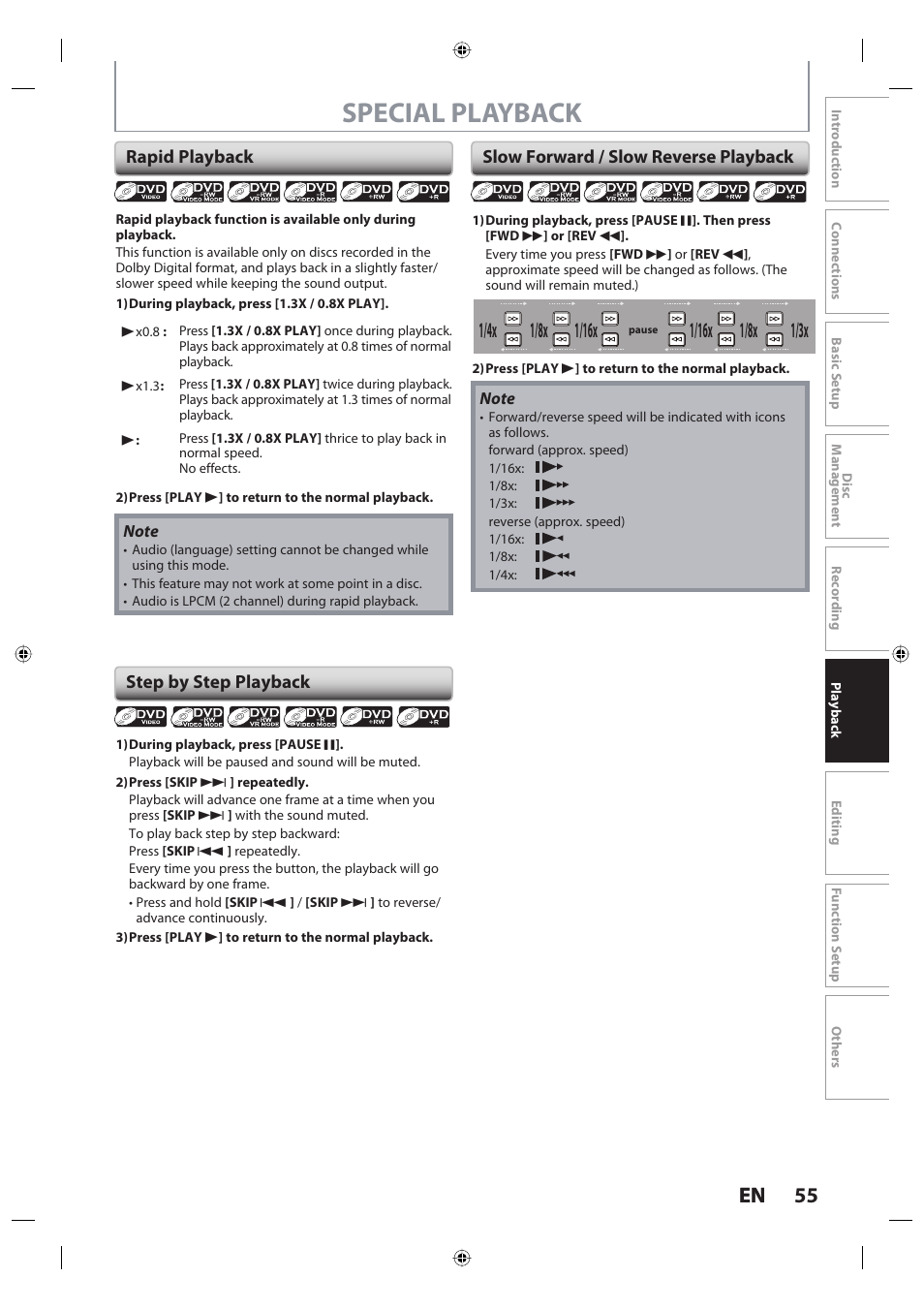 Special playback, 55 en 55 en, 1/8x | Rapid playback, Step by step playback, Slow forward / slow reverse playback | Toshiba DR420KU User Manual | Page 55 / 103