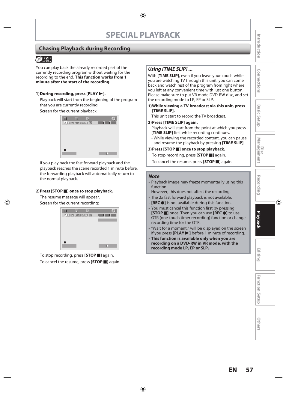 Special playback, 57 en 57 en, Chasing playback during recording | Using [time slip | Toshiba DR420KU User Manual | Page 57 / 103