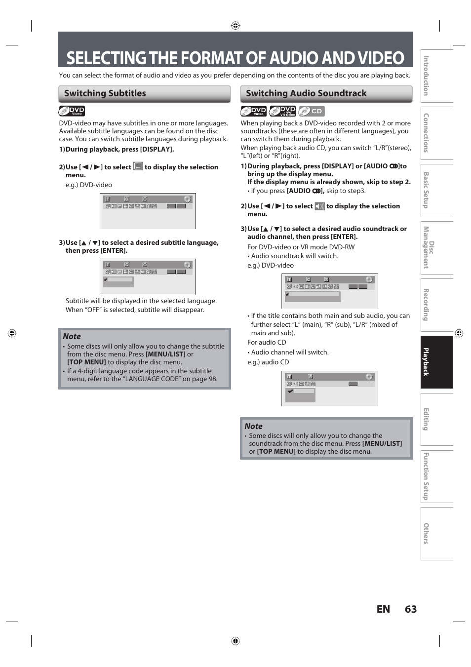 Selecting the format of audio and video, 63 en 63 en, Switching subtitles | Switching audio soundtrack | Toshiba DR420KU User Manual | Page 63 / 103