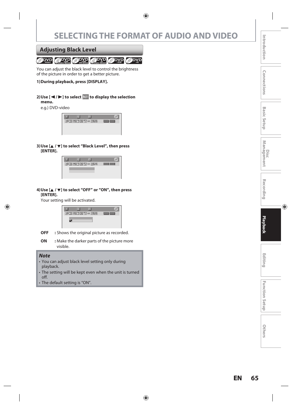 Selecting the format of audio and video, 65 en 65 en, Adjusting black level | Toshiba DR420KU User Manual | Page 65 / 103