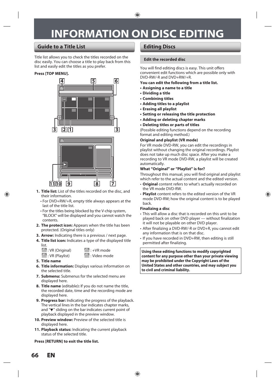 Information on disc editing, 66 en 66 en, Guide to a title list editing discs | Toshiba DR420KU User Manual | Page 66 / 103