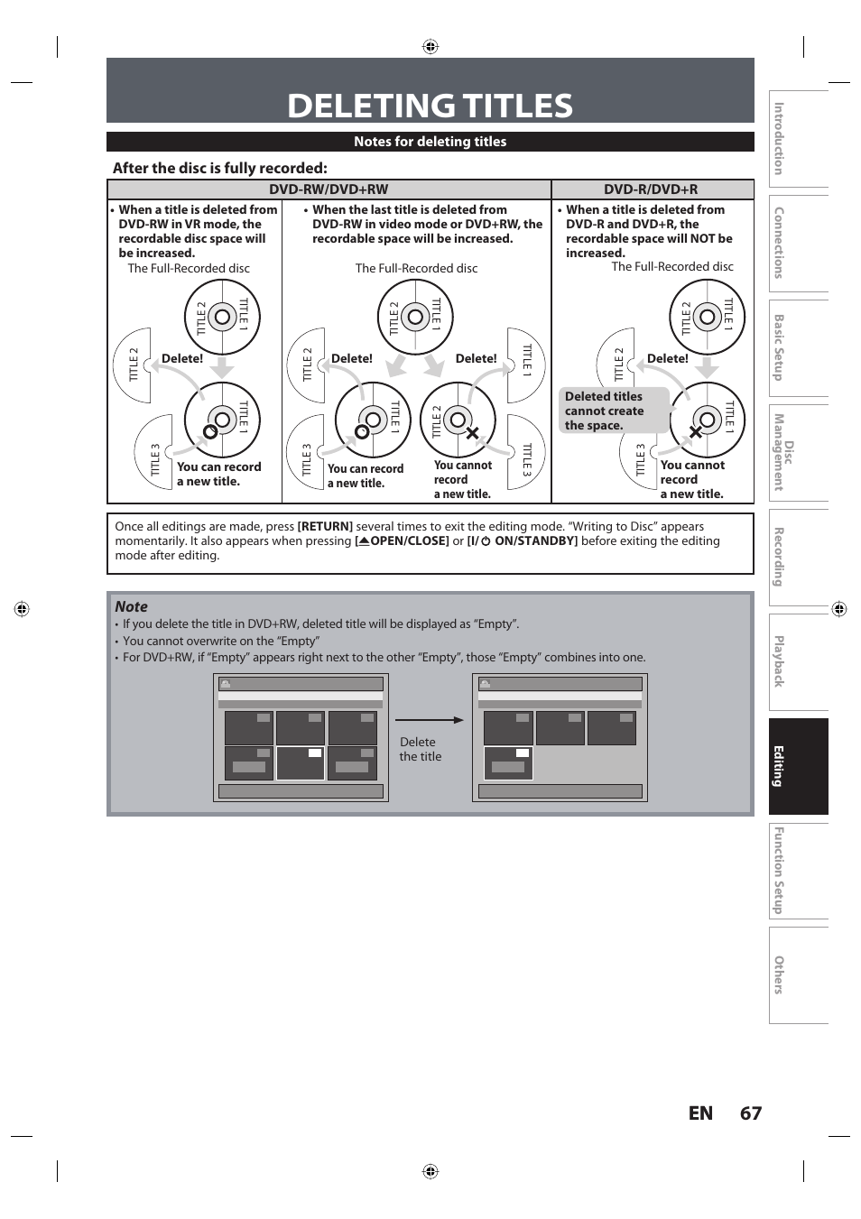 Deleting titles, 67 en 67 en, After the disc is fully recorded | Dvd-rw/dvd+rw dvd-r/dvd+r | Toshiba DR420KU User Manual | Page 67 / 103