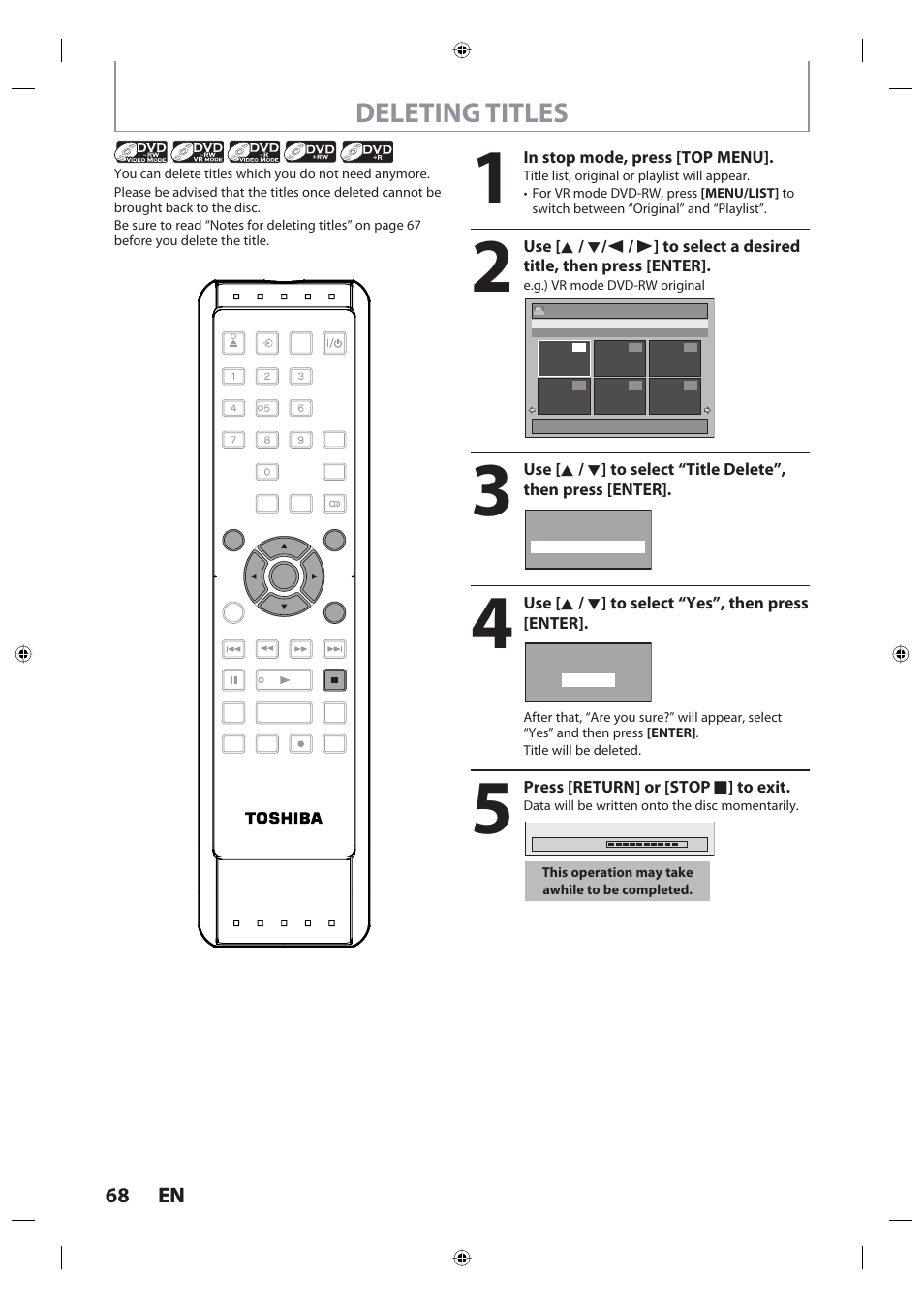Deleting titles, 68 en 68 en, Use [ k / l ] to select “yes”, then press [enter | Press [return] or [stop c ] to exit | Toshiba DR420KU User Manual | Page 68 / 103
