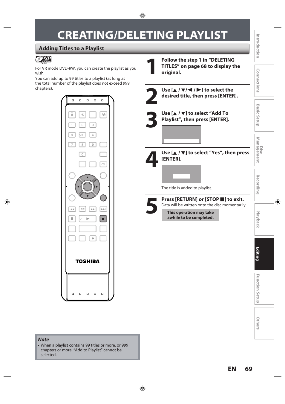 Creating/deleting playlist, 69 en 69 en, Adding titles to a playlist | Toshiba DR420KU User Manual | Page 69 / 103