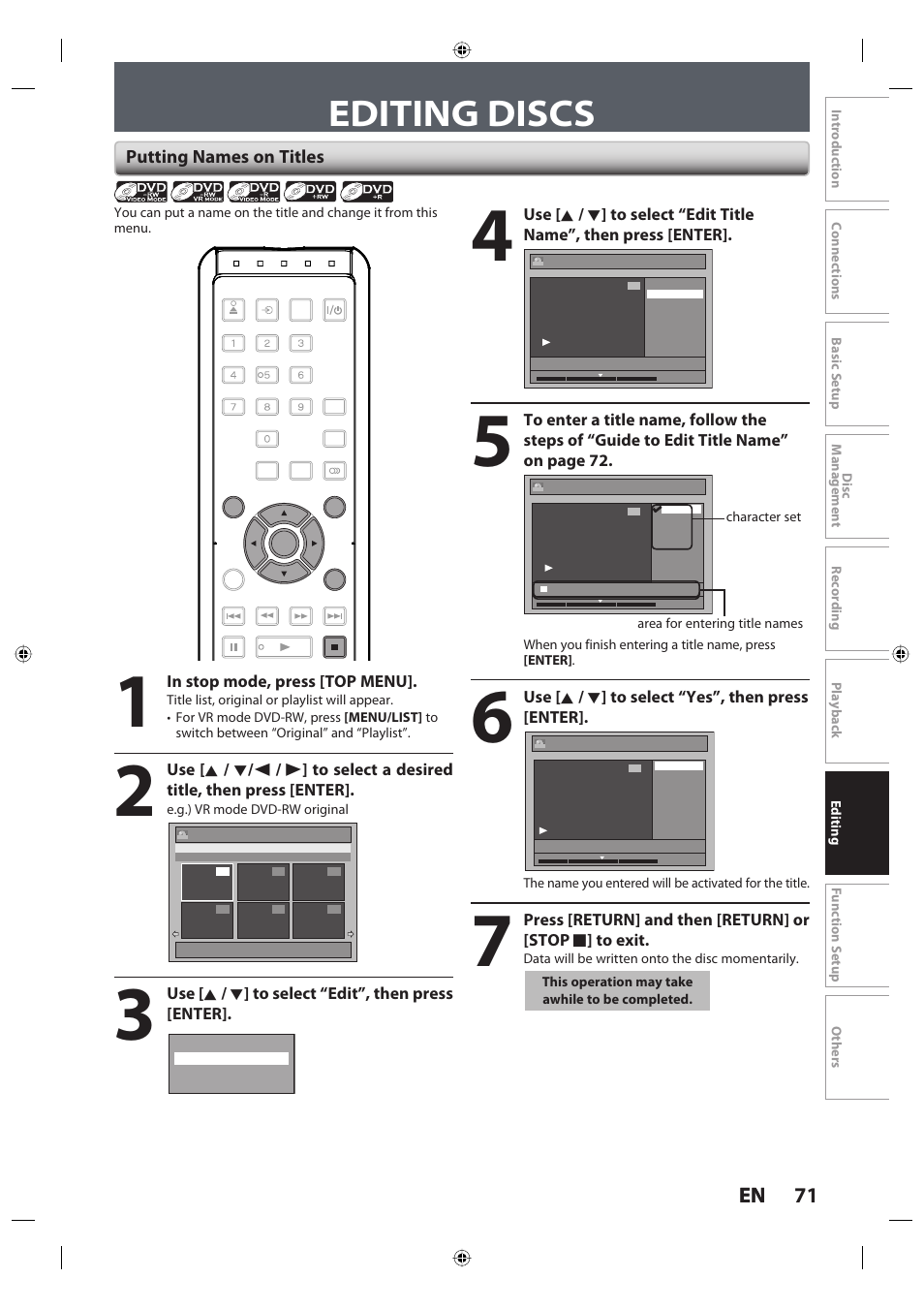 Editing discs, 71 en 71 en, Putting names on titles | Toshiba DR420KU User Manual | Page 71 / 103