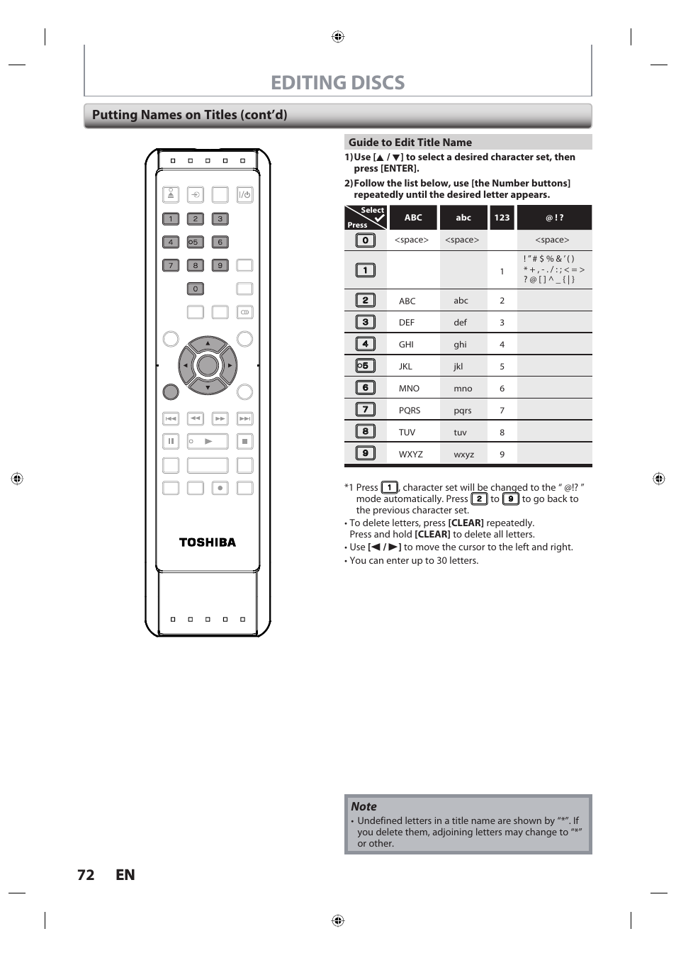 Editing discs, 72 en 72 en, Putting names on titles (cont’d) | Guide to edit title name | Toshiba DR420KU User Manual | Page 72 / 103