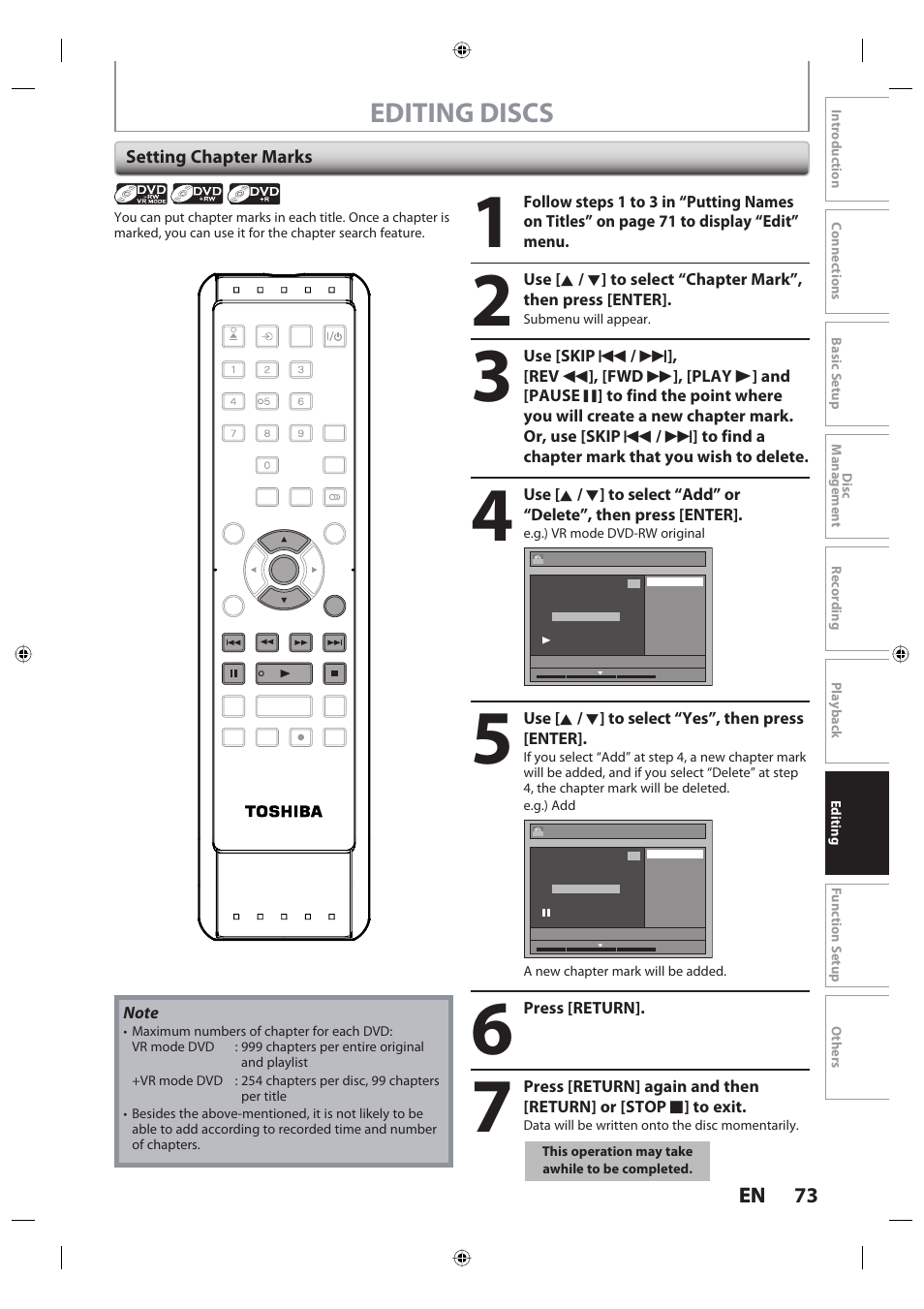 Editing discs, 73 en 73 en, Setting chapter marks | Toshiba DR420KU User Manual | Page 73 / 103