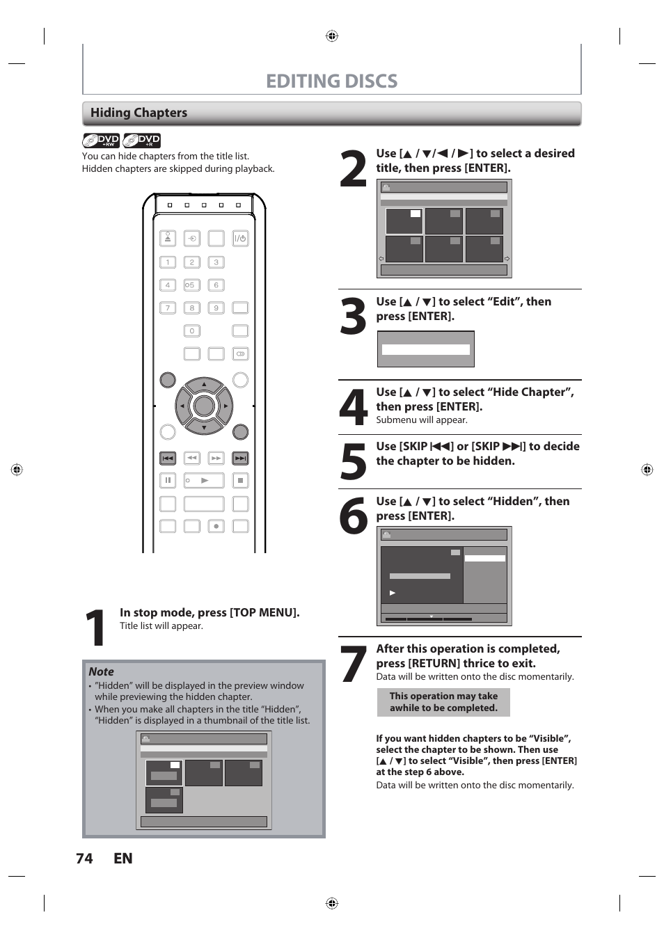 Editing discs, 74 en 74 en, Hiding chapters | Toshiba DR420KU User Manual | Page 74 / 103
