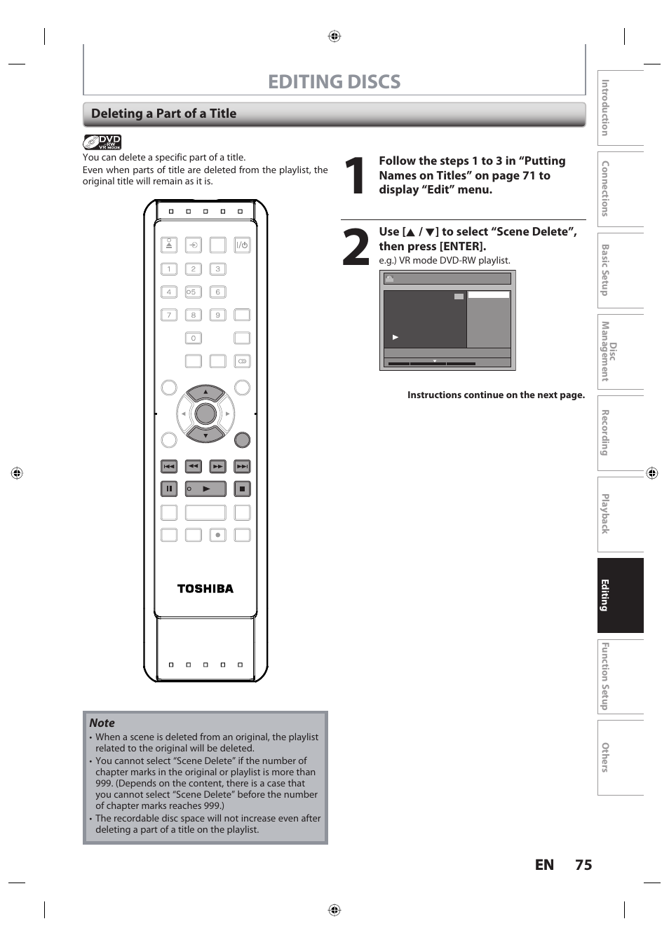 Editing discs, 75 en 75 en, Deleting a part of a title | Toshiba DR420KU User Manual | Page 75 / 103