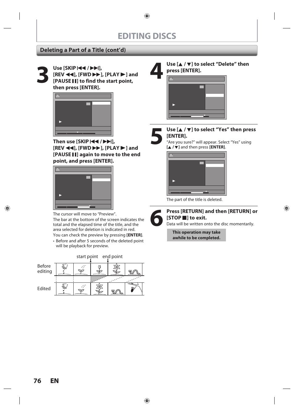 Editing discs, 76 en 76 en, Deleting a part of a title (cont’d) | Toshiba DR420KU User Manual | Page 76 / 103