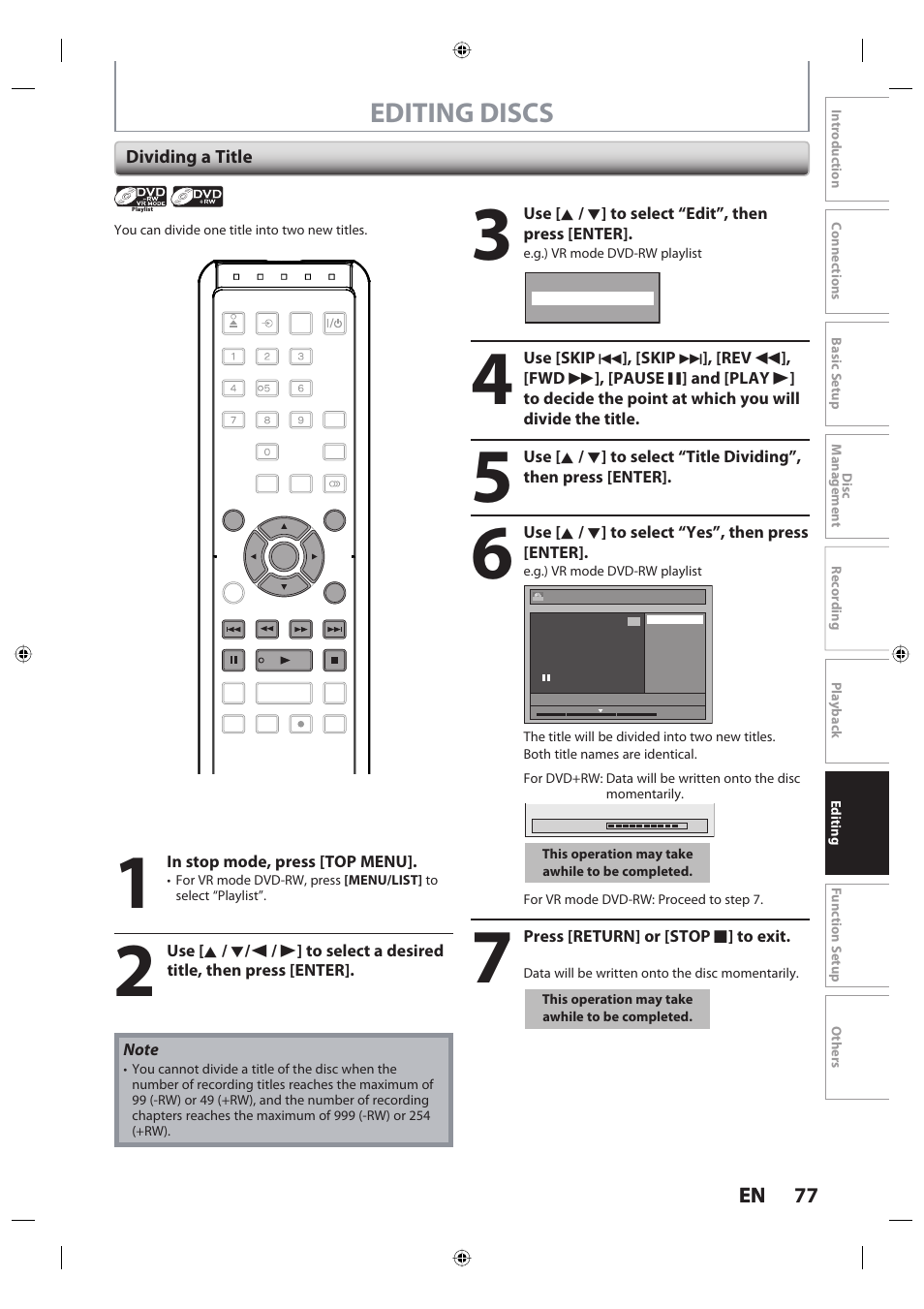 Editing discs, 77 en 77 en, Dividing a title | Toshiba DR420KU User Manual | Page 77 / 103
