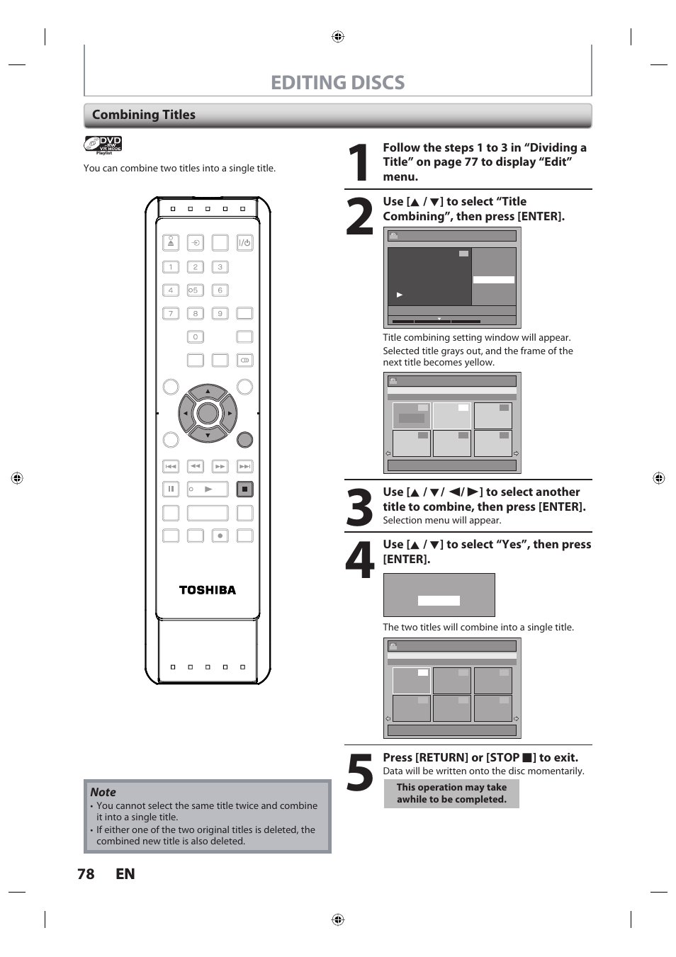 Editing discs, 78 en 78 en, Combining titles | Use [ k / l ] to select “yes”, then press [enter, Press [return] or [stop c ] to exit | Toshiba DR420KU User Manual | Page 78 / 103