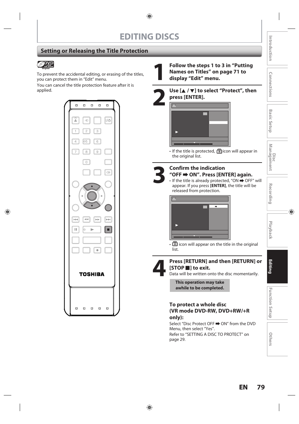 Editing discs, 79 en 79 en, Setting or releasing the title protection | Toshiba DR420KU User Manual | Page 79 / 103