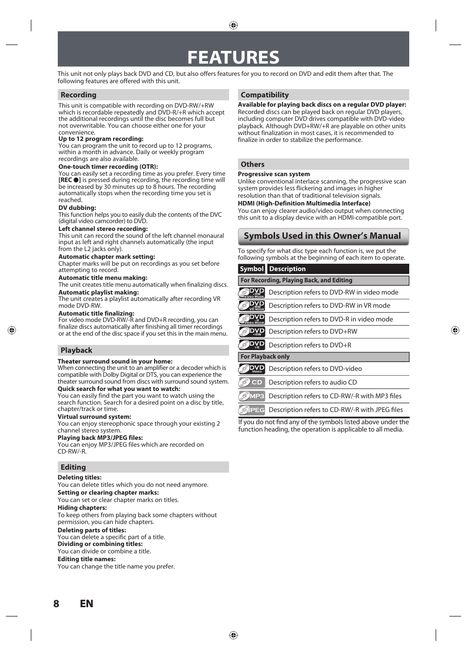 Features, 8en 8 en, Symbols used in this owner’s manual | Toshiba DR420KU User Manual | Page 8 / 103