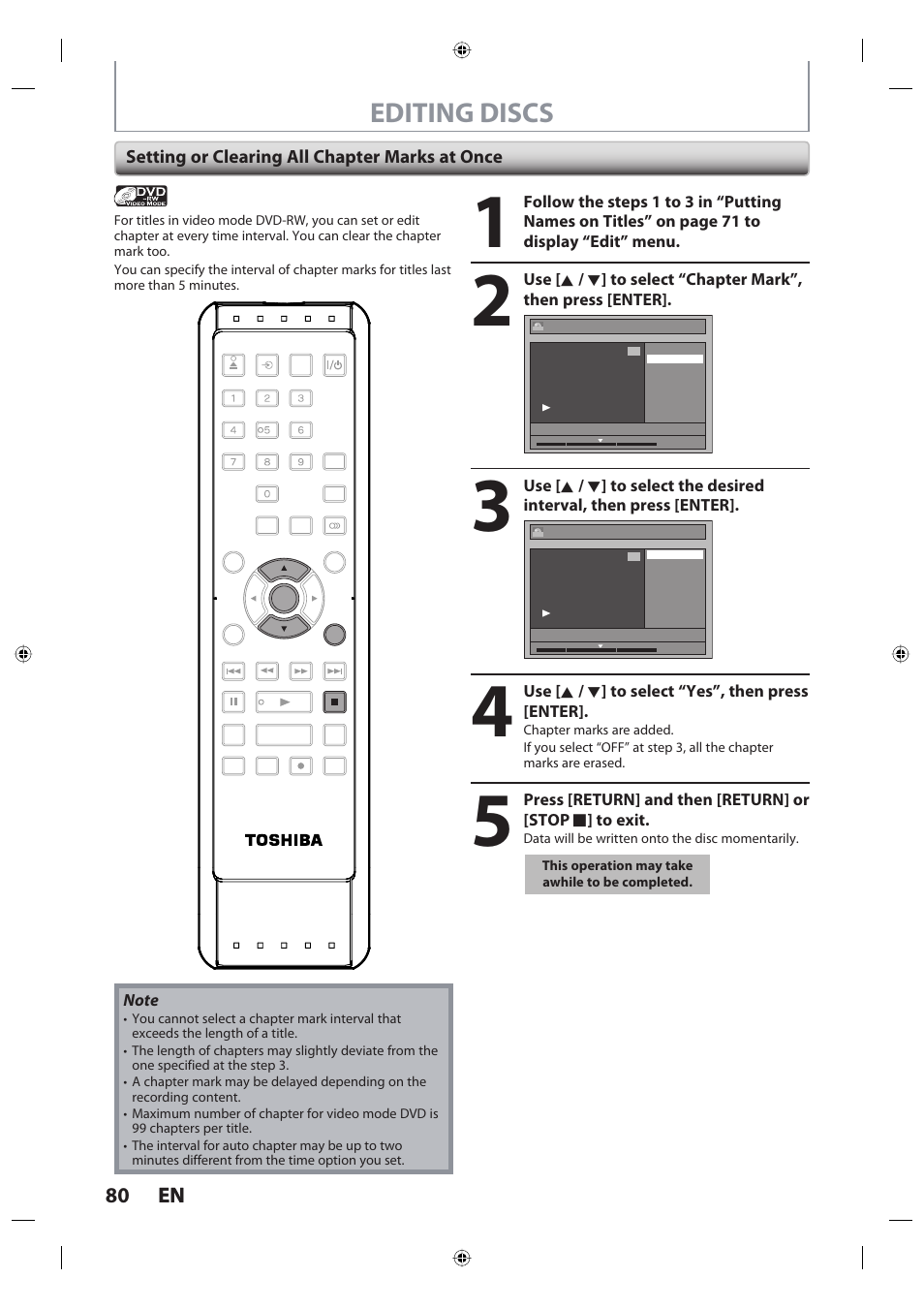 E7pcaud_dr420ku_um_en_v4, Editing discs, 80 en 80 en | Setting or clearing all chapter marks at once, Use [ k / l ] to select “yes”, then press [enter | Toshiba DR420KU User Manual | Page 80 / 103