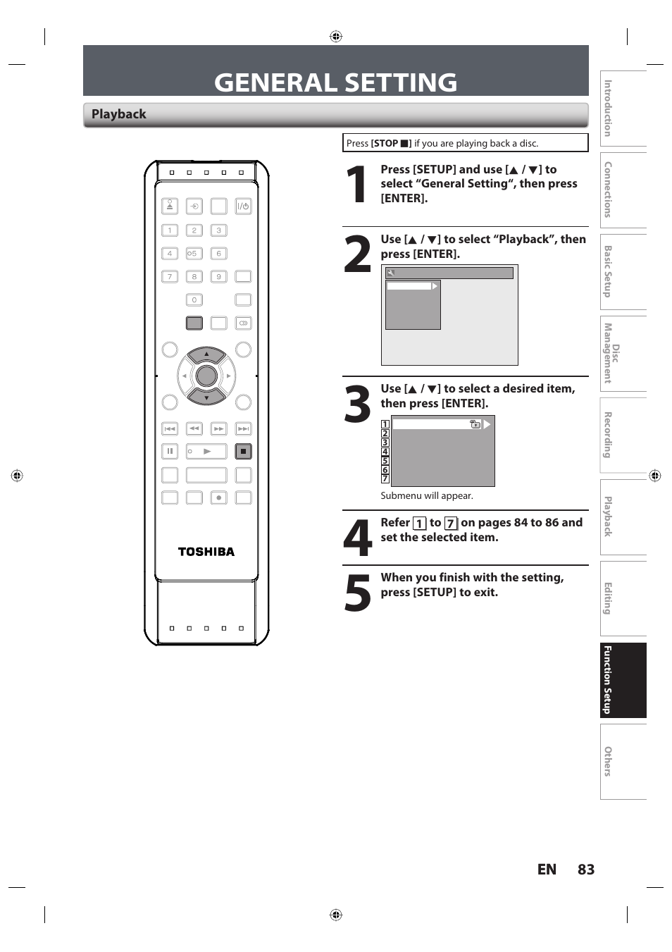 General setting, 83 en 83 en, Playback | Toshiba DR420KU User Manual | Page 83 / 103