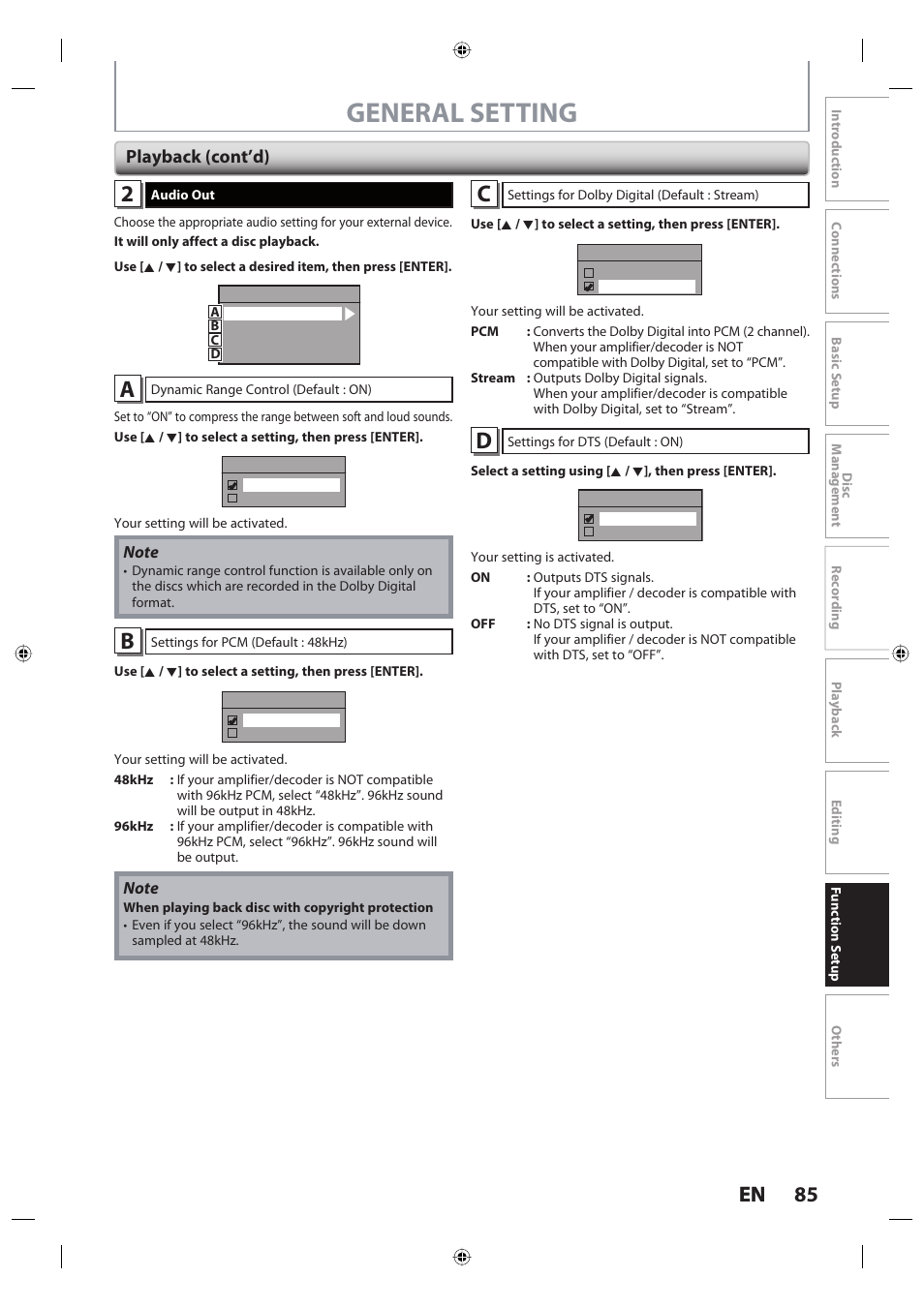 General setting, 85 en 85 en, Playback (cont’d) | Toshiba DR420KU User Manual | Page 85 / 103