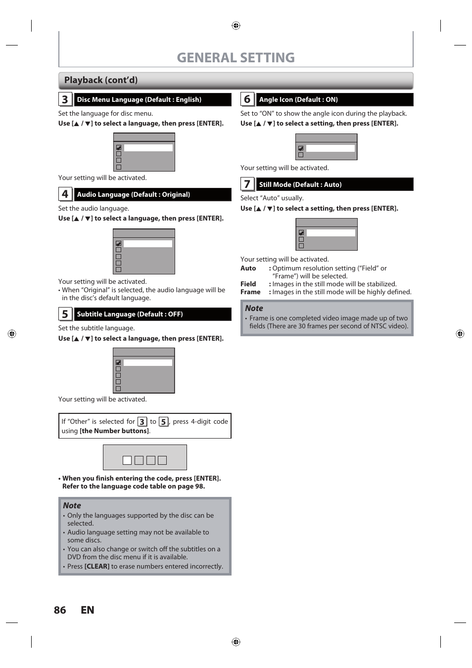 General setting, 86 en 86 en, Playback (cont’d) | Toshiba DR420KU User Manual | Page 86 / 103