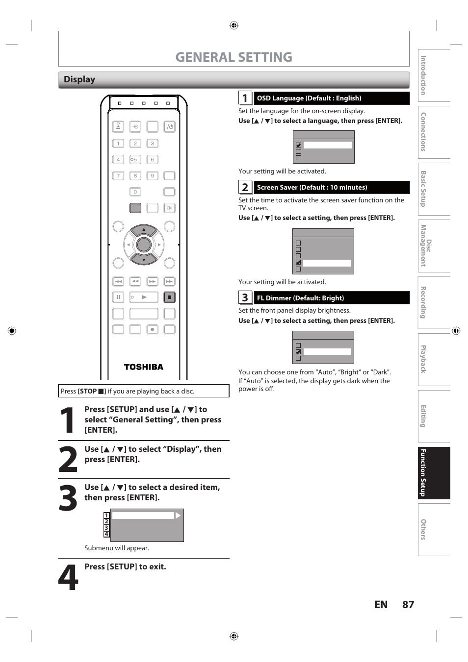 General setting, 87 en 87 en, Display | Toshiba DR420KU User Manual | Page 87 / 103