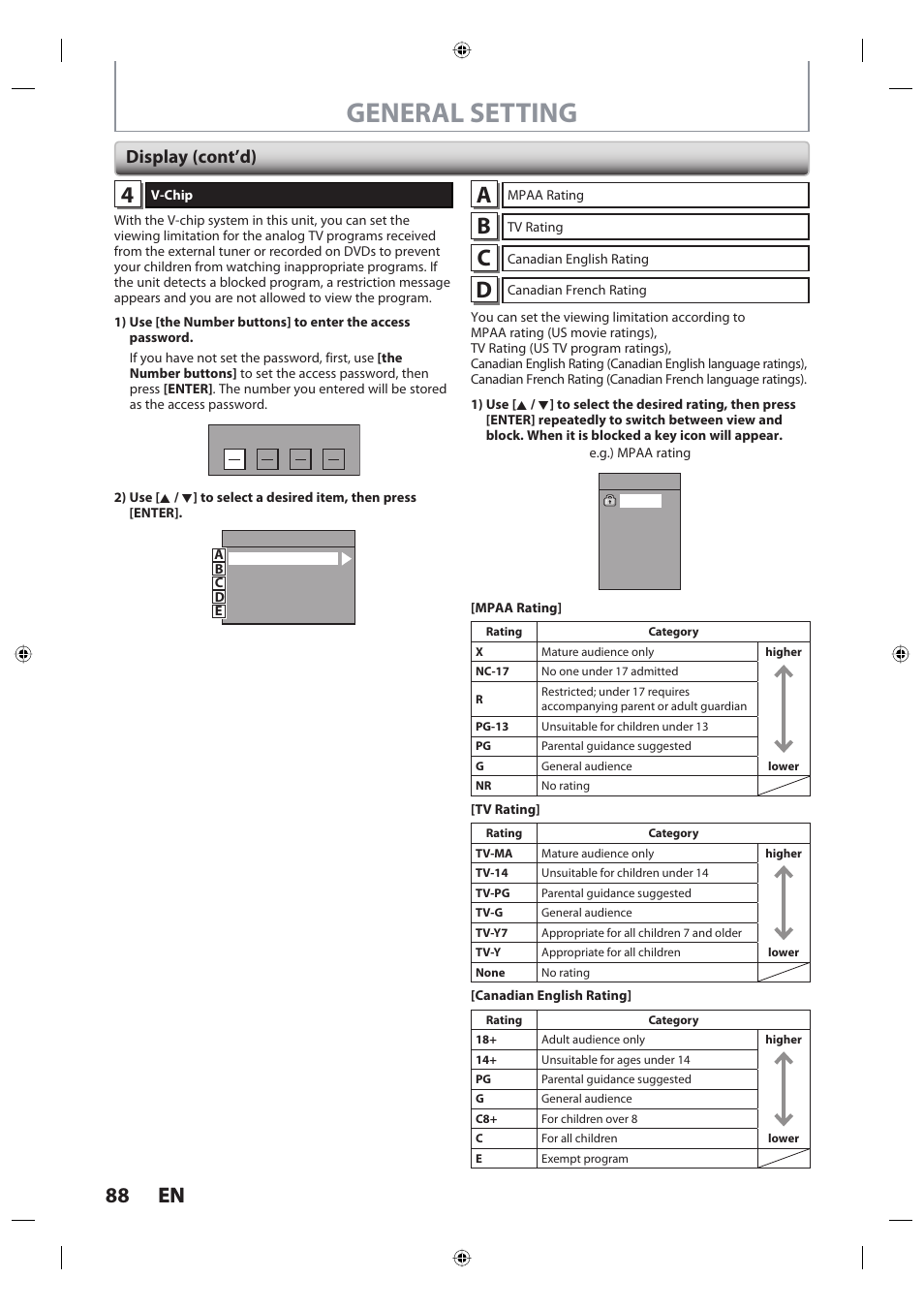 General setting, 88 en 88 en, Display (cont’d) | Toshiba DR420KU User Manual | Page 88 / 103