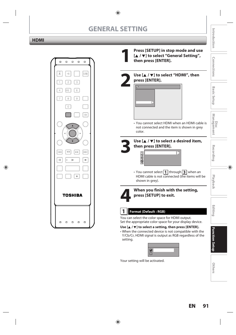 General setting, 91 en 91 en, Hdmi | Toshiba DR420KU User Manual | Page 91 / 103