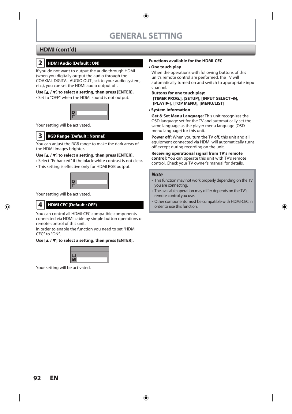 General setting, 92 en 92 en, Hdmi (cont’d) | Toshiba DR420KU User Manual | Page 92 / 103