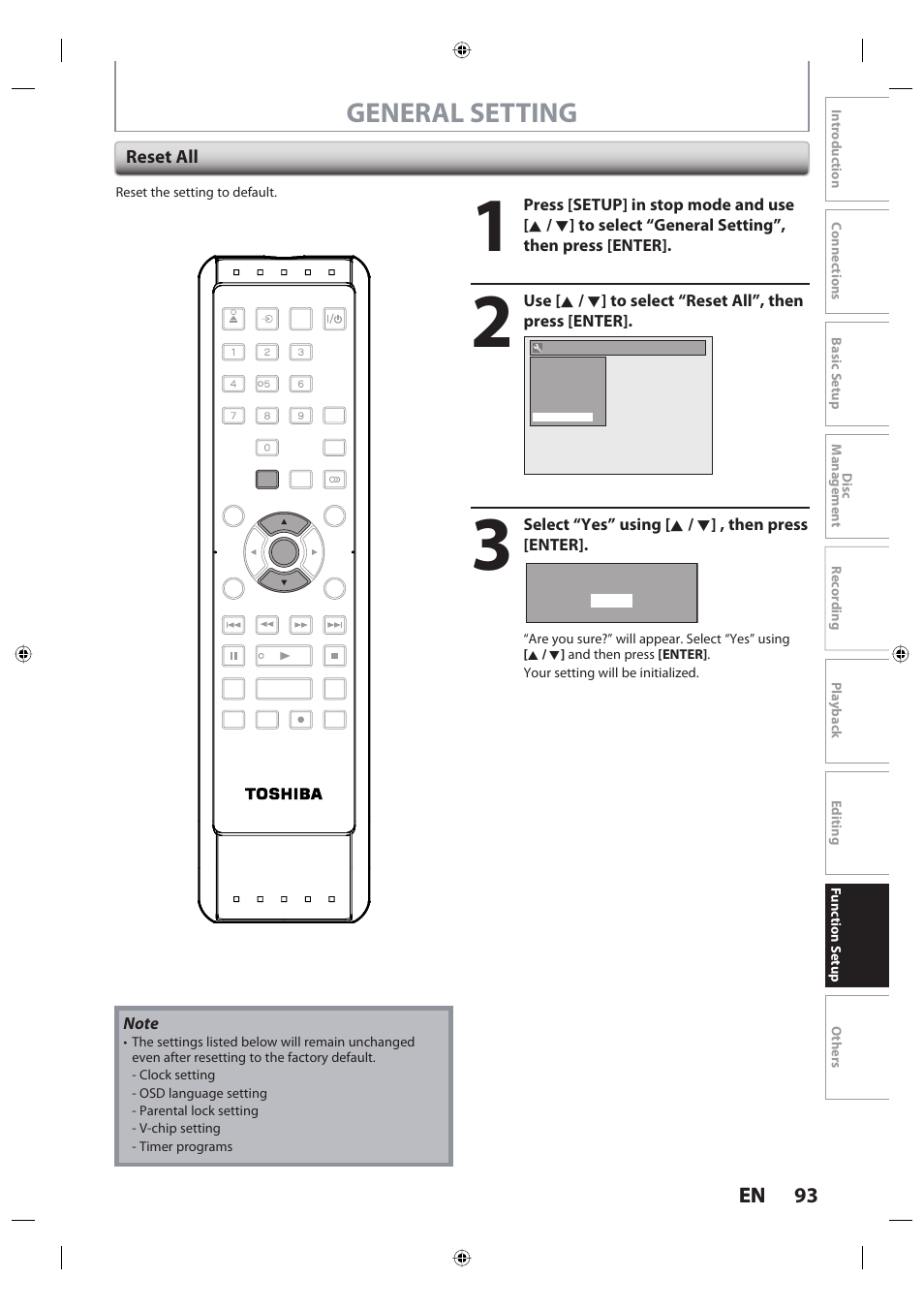 General setting, 93 en 93 en, Reset all | Select “yes” using [ k / l ] , then press [enter | Toshiba DR420KU User Manual | Page 93 / 103