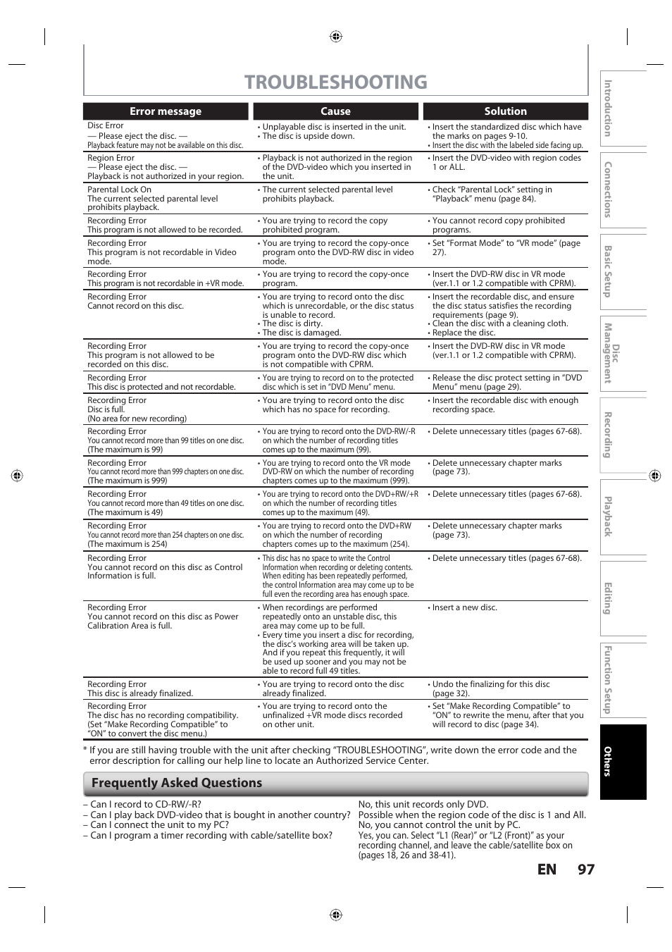 Troubleshooting, 97 en 97 en, Frequently asked questions | Toshiba DR420KU User Manual | Page 97 / 103