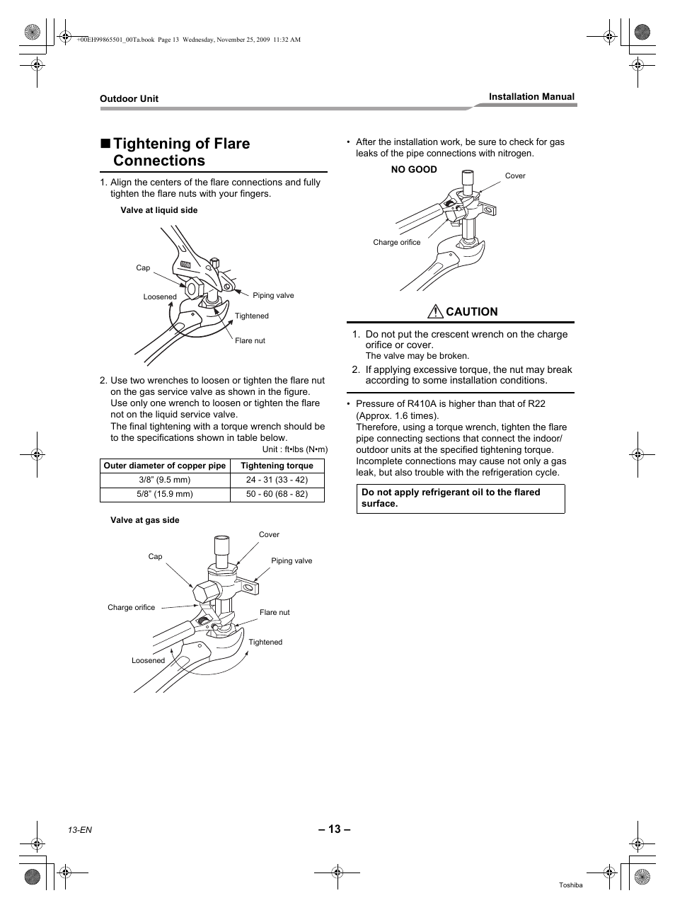 Tightening of flare connections, Caution | Toshiba CARRIER RAV-SP360AT2-UL User Manual | Page 14 / 24