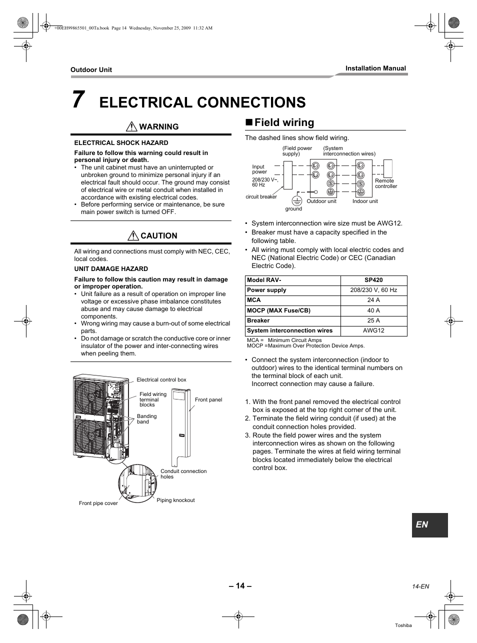 Electrical connections, Field wiring, Warning | Caution | Toshiba CARRIER RAV-SP360AT2-UL User Manual | Page 15 / 24