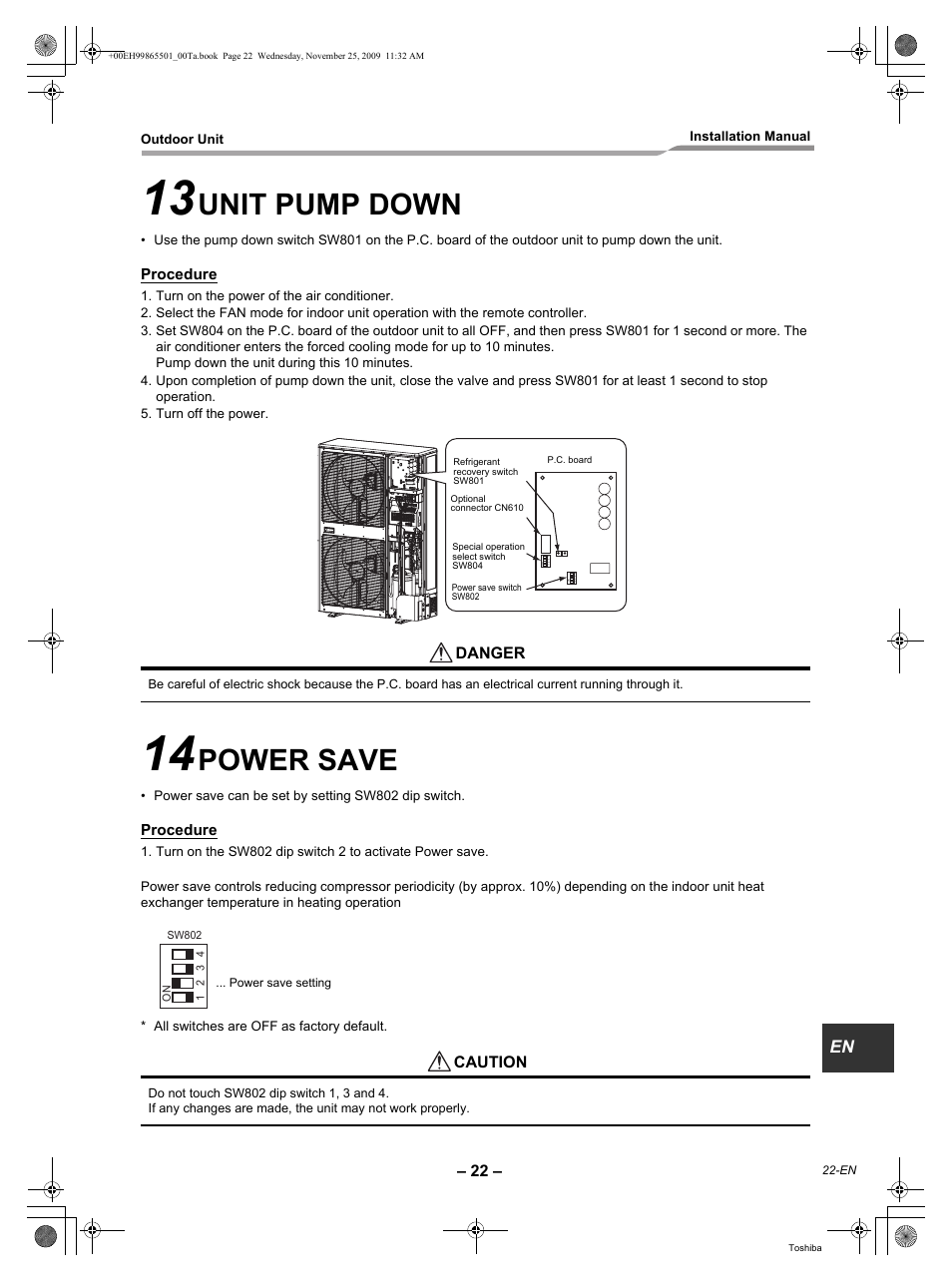 Unit pump down, Power save | Toshiba CARRIER RAV-SP360AT2-UL User Manual | Page 23 / 24