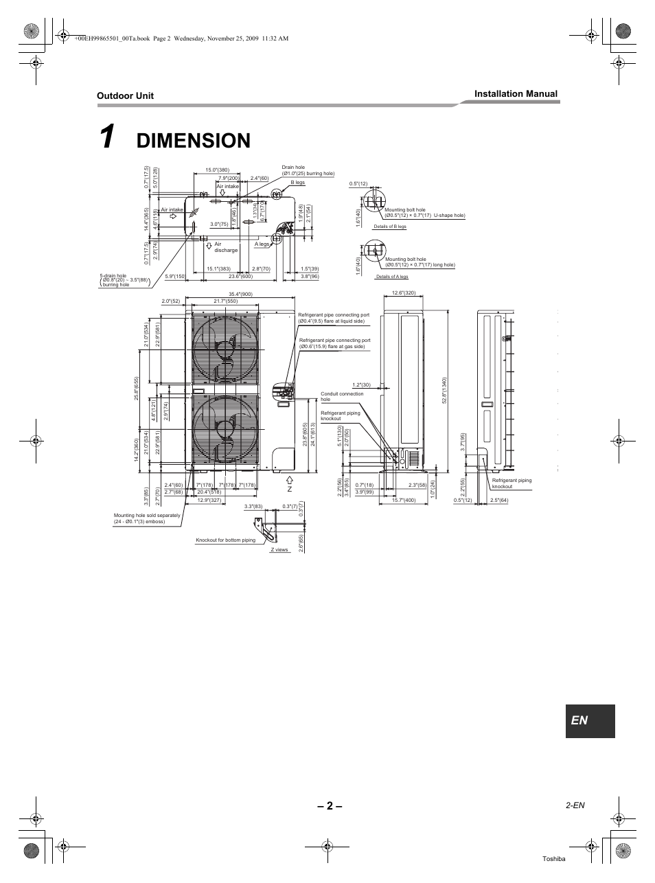 Dimension, Outdoor unit installation manual | Toshiba CARRIER RAV-SP360AT2-UL User Manual | Page 3 / 24