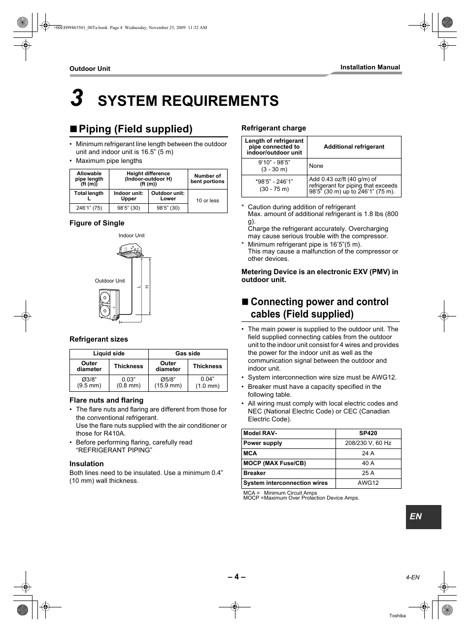 System requirements, Piping (field supplied) | Toshiba CARRIER RAV-SP360AT2-UL User Manual | Page 5 / 24