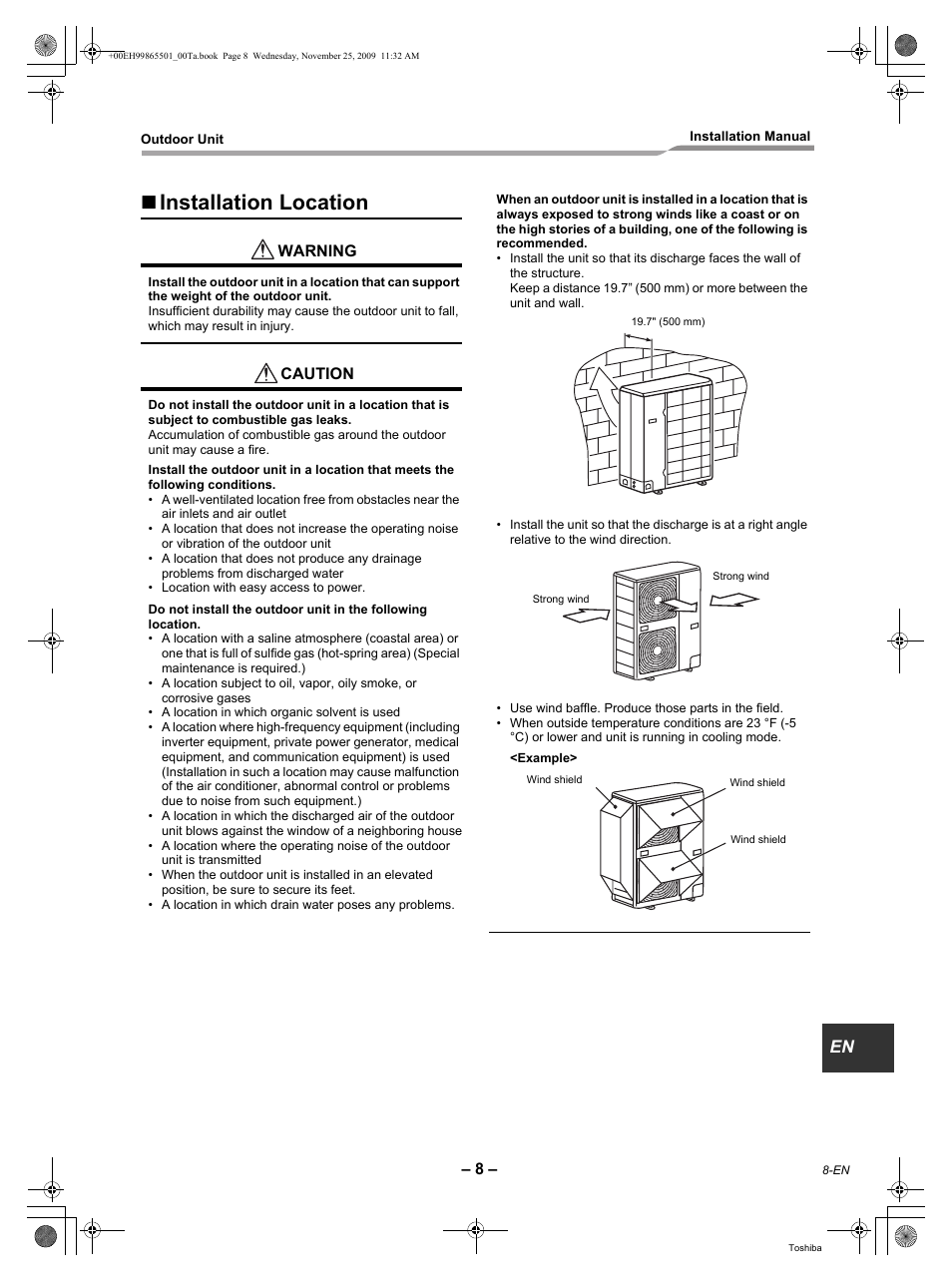 Installation location, Warning, Caution | Toshiba CARRIER RAV-SP360AT2-UL User Manual | Page 9 / 24